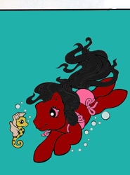 Size: 444x600 | Tagged: safe, artist:peacepetal, oc, oc only, oc:peace petal, earth pony, pony, g3, base used, bubble, clothes, coloring book, femboy, male, ocean, red and black oc, sea horse, solo, species swap, stallion, swimsuit, underwater, water