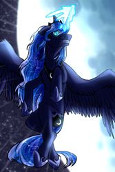 Size: 1000x1500 | Tagged: safe, artist:not-ordinary-pony, derpibooru exclusive, princess luna, alicorn, g4, angry, female, glowing, glowing eyes, glowing horn, horn, magic, mare, moon, solo, spread wings, wings