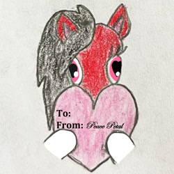 Size: 884x884 | Tagged: safe, artist:peacepetal, oc, oc only, oc:peace petal, pegasus, pony, cropped, cursive writing, cute, femboy, heart, heart eyes, hearts and hooves day, hoers, male, red and black oc, solo, stallion, traditional art, valentine's day card, wingding eyes