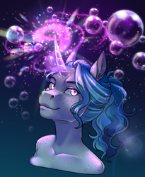 Size: 1804x2204 | Tagged: safe, artist:askbubblelee, oc, oc only, oc:bubble lee, unicorn, anthro, alternate universe, anthro oc, bubble, digital art, female, freckles, glowing, glowing horn, gradient background, horn, magic, mare, smiling, solo, unicorn oc, willowverse