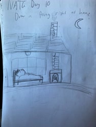 Size: 3024x4032 | Tagged: safe, artist:goldenmidnight, oc, oc only, atg 2024, bed, fireplace, house, monochrome, moon, newbie artist training grounds, night, sketch, solo, traditional art