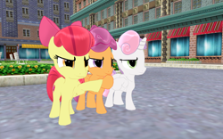 Size: 1920x1200 | Tagged: safe, artist:puzzlshield2, apple bloom, scootaloo, sweetie belle, pony, flight to the finish, g4, season 4, 2d to 3d, 3d, 3d render, bow, confident, cutie mark crusaders, female, filly, foal, hoofbump, mmd, recreation, render
