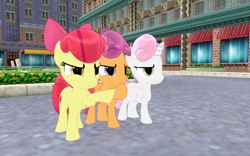 Size: 1920x1200 | Tagged: safe, artist:puzzlshield2, apple bloom, scootaloo, sweetie belle, pony, flight to the finish, g4, season 4, 2d to 3d, 3d, 3d render, bow, confident, cutie mark crusaders, female, filly, foal, hoofbump, mmd, recreation, render, trio, trio female