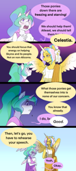 Size: 1153x2592 | Tagged: safe, artist:aztrial, princess celestia, princess gold lily, alicorn, anthro, g4, g5, alternate universe, beauty mark, clothes, colored wings, comic, dialogue, duo, duo female, female, gradient background, gradient horn, gradient wings, grammar error, horn, implied freezing to death, implied starvation, light blue background, ponytail, purple background, skyros, speech bubble, toga, veil, wings, young celestia