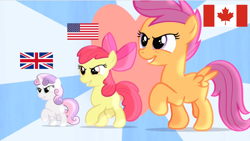 Size: 1144x646 | Tagged: safe, artist:simonstudio587, edit, edited screencap, screencap, apple bloom, scootaloo, sweetie belle, earth pony, pegasus, pony, unicorn, flight to the finish, g4, american flag, beneficiaries of the slave trade, canada, canadian flag, capitalism, colonialism, colonizer, cutie mark crusaders, female, filly, flag, foal, hearts as strong as horses, horn, trio, union jack, united kingdom, united states, western hegemony, white
