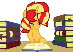 Size: 1000x720 | Tagged: safe, artist:jadeharmony, sunset shimmer, pony, unicorn, g4, book, female, horn, simple background, solo, studying, transparent background