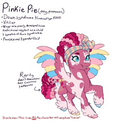 Size: 1556x1625 | Tagged: safe, artist:caffeinatedcarny, pinkie pie, pinkie pie (g3), pegasus, pony, g3, afro mane, alternate cutie mark, alternate universe, cheek fluff, colored hooves, colored wings, cornrows, disabled, down syndrome, ear fluff, elbow feathers, fat, feathered fetlocks, genderfluid, hair extensions, hair streaks, hair wrap, headcanon, hooves, lgbt, lgbt headcanon, lgbtq, multicolored hooves, multicolored wings, pegasus pinkie pie, pudgy pie, race swap, redesign, simple background, small wings, species swap, tooth gap, vitiligo, white background, wings