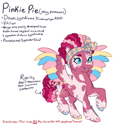 Size: 1556x1625 | Tagged: safe, artist:caffeinatedcarny, pinkie pie, pinkie pie (g3), pegasus, pony, g3, g4, afro mane, alternate cutie mark, alternate universe, cheek fluff, colored hooves, colored wings, cornrows, disabled, down syndrome, ear fluff, elbow feathers, fat, feathered fetlocks, genderfluid, hair extensions, hair streaks, hair wrap, headcanon, hooves, lgbt, lgbt headcanon, lgbtq, multicolored hooves, multicolored wings, pegasus pinkie pie, pudgy pie, race swap, redesign, simple background, small wings, solo, species swap, tooth gap, vitiligo, white background, wings