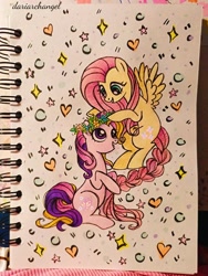 Size: 2252x2996 | Tagged: safe, artist:dariarchangel, fluttershy, fluttershy (g3), earth pony, pegasus, pony, g3, g4, braid, braided tail, duo, female, floral head wreath, flower, flying, g3 to g4, generation leap, generational ponidox, looking at each other, looking at someone, photo, sitting, smiling, smiling at each other, spread wings, tail, traditional art, wings