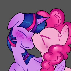 Size: 980x982 | Tagged: safe, alternate version, artist:koidial, pinkie pie, twilight sparkle, alicorn, earth pony, pony, g4, ><, blushing, colored, colored eyelashes, curly mane, cute, diapinkes, duo, duo female, ear blush, ear fluff, eyes closed, female, floppy ears, forehead kiss, gray background, horn, hug, kissing, lesbian, long mane, mare, multicolored mane, pink coat, pink eyelashes, pink mane, profile, purple blush, purple coat, purple eyelashes, raised hoof, requested art, shiny mane, ship:twinkie, shipping, simple background, smiling, straight mane, three toned mane, tri-color mane, tri-colored mane, tricolor mane, tricolored mane, twiabetes, twilight sparkle (alicorn), unicorn horn, winghug, wings