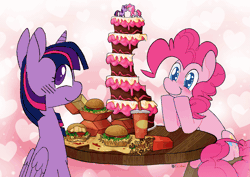 Size: 1435x1018 | Tagged: safe, artist:koidial, pinkie pie, twilight sparkle, alicorn, earth pony, pony, g4, abstract background, animated, bangs, bite mark, blue eyes, blue pupils, blushing, burger, cake, cake toppers, chewing, chocolate cake, colored, colored pinnae, colored pupils, cup, curly mane, curly tail, cute, diapinkes, duo, duo female, eating, eye clipping through hair, eyelashes, face licking, female, floating heart, floppy ears, folded wings, food, frame by frame, french fries, gif, glowing, glowing horn, hay burger, hay fries, head shake, heart, heart background, heart eyes, horn, in love, ketchup, lesbian, licking, looking at each other, looking at someone, loop, magic, mare, messy eating, messy face, multicolored mane, mustard, open mouth, open smile, partially open wings, pink coat, pink magic, pink mane, pink tail, profile, purple coat, purple eyes, purple pupils, requested art, sauce, shiny eyes, ship:twinkie, shipping, signature, sitting, smiling, smiling at each other, soda, sparkly eyes, tail, tail wag, tall ears, telekinesis, that pony sure does love burgers, three toned mane, tri-color mane, tri-colored mane, tricolor mane, twiabetes, twilight burgkle, twilight sparkle (alicorn), unicorn horn, wall of tags, wingding eyes, wings, wooden table