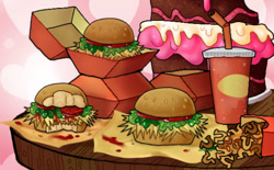 Size: 792x492 | Tagged: safe, artist:koidial, abstract background, bite mark, burger, cake, chocolate cake, cup, detailed, food, french fries, hay burger, hay fries, heart, heart background, no pony, requested art, soda, wooden table, zoomed in