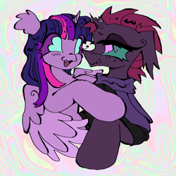 Size: 2048x2048 | Tagged: safe, artist:larvaecandy, tempest shadow, twilight sparkle, alicorn, pony, unicorn, g4, :3, abstract background, alternate eye color, bangs, big eyes, big hooves, blue eyes, broken horn, clothes, colored, colored eyebrows, colored sclera, colored wings, colored wingtips, curved horn, duo, duo female, ear fluff, eye clipping through hair, eyebrows, eyebrows visible through hair, eyelashes, eyeshadow, fangs, female, flat colors, floppy ears, heart, heart eyes, high res, horn, hug, lesbian, lidded eyes, long mane, looking at each other, looking at someone, makeup, mare, multicolored wings, no catchlights, no pupils, open mouth, open smile, partially open wings, pink eyes, pink mane, purple coat, purple eyeshadow, purple sclera, scarf, ship:tempestlight, shipping, short horn, smiling, smiling at each other, sparkly mane, spiky mane, teal sclera, three toned mane, three toned wings, tongue out, tri-color mane, tri-colored mane, tricolor mane, tricolored mane, twilight sparkle (alicorn), unicorn horn, wall of tags, wingding eyes, wings