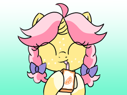 Size: 1760x1317 | Tagged: safe, artist:craftycirclepony, oc, oc only, oc:crafty circles, pony, unicorn, ^^, bendy straw, bow, coat markings, colored belly, cute, drinking straw, eyes closed, female, filly, foal, food, freckles, gradient background, hair bow, happy, hoof hold, horn, juice, juice box, orange, smiling, socks (coat markings), solo, straw, underhoof