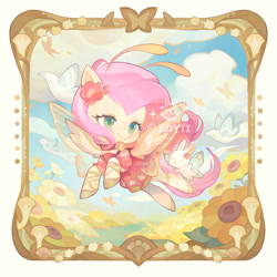 Size: 2273x2273 | Tagged: safe, artist:koyii-kong, fluttershy, bird, butterfly, dove, pegasus, pony, rabbit, g4, animal, antennae, butterfly wings, choker, clothes, colored pupils, cute, dress, female, flower, flower in hair, flying, high res, mare, picture frame, shyabetes, simple background, smiling, solo, sunflower, white background, wings, wrong eye color