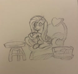 Size: 2775x2639 | Tagged: safe, artist:supersonicrainboom, derpibooru exclusive, fluttershy, pegasus, pony, g4, atg 2024, chair, cup, female, holding, monochrome, newbie artist training grounds, sitting, sketch, smiling, solo, teacup, traditional art
