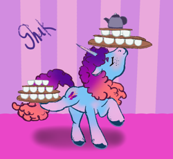 Size: 1602x1477 | Tagged: safe, artist:shakoa, misty brightdawn, pony, unicorn, g5, balancing, cup, eyes closed, female, freckles, horn, mare, pink background, plate, raised leg, rebirth misty, simple background, solo, teacup, teapot