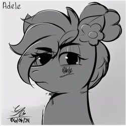 Size: 2680x2680 | Tagged: safe, artist:ch0c0sauri0, oc, oc only, earth pony, pony, album cover, black and white, bow, bust, doodle, eyelashes, eyeshadow, grayscale, hair bow, lineart, makeup, minimalist, monochrome, original art, original character do not steal, portrait, simple background, sketch, solo, song reference, wip