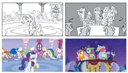 Size: 1020x587 | Tagged: safe, bon bon, cloud kicker, fluttershy, grape delight, minuette, pinkie pie, rainbow dash, rarity, sweetie drops, twilight sparkle, earth pony, pegasus, pony, unicorn, g4, my little pony: the art of equestria, season 1, suited for success, behind the scenes, clothes, commission, dress, gala dress, glasses, horn, measuring tape, monochrome, rarity's glasses, storyboard, unicorn twilight