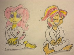 Size: 5712x4284 | Tagged: safe, fluttershy, sunset shimmer, equestria girls, g4, barefoot, clothes, duo, duo female, feet, female, gi, karate, martial arts, meditation, traditional art