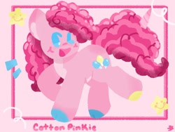 Size: 1200x900 | Tagged: safe, artist:comicmaker, pinkie pie, earth pony, pony, g4, blush scribble, blushing, cloven hooves, colored hooves, cotton candy, cotton candy hair, dot eyes, female, hooves, mare, multicolored hooves, one eye closed, open mouth, open smile, smiling, solo, tail, wink
