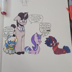 Size: 2048x2048 | Tagged: safe, artist:comicmaker, starlight glimmer, oc, oc:comic maker, oc:shapprie plume, oc:solar burst, pony, unicorn, g4, g5, alternate universe, clothes, dialogue, equal cutie mark, female, floppy ears, g5 oc, g5 to g4, generation leap, horn, male, mare, meme, photo, s5 starlight, scarf, speech bubble, stallion, tail, this is where i watched my parents die raphael, traditional art, unicorn oc