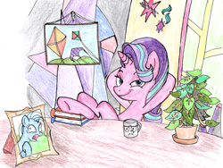Size: 1626x1226 | Tagged: safe, artist:fleximusprime, phyllis, starlight glimmer, trixie, pony, unicorn, g4, :i, atg 2024, book, crossed legs, female, hooves behind head, horn, i mean i see, kite, mare, mug, newbie artist training grounds, picture frame, plant, sitting, smiling, smirk, smug, smuglight glimmer, that pony sure does love kites, traditional art, welcome home twilight