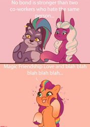 Size: 2480x3480 | Tagged: safe, artist:starburstuwu, allura, opaline arcana, sunny starscout, alicorn, big cat, earth pony, leopard, pony, snow leopard, g5, blushing, cheek squish, cute, female, fist bump, high res, hoof on cheek, lidded eyes, mare, meme, ponified meme, squishy cheeks, sunnybetes, text, tongue out, trio