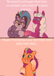 Size: 2480x3480 | Tagged: safe, artist:starburstuwu, allura, opaline arcana, sunny starscout, alicorn, big cat, earth pony, leopard, pony, snow leopard, g5, blushing, cheek squish, cute, female, fist bump, high res, hoof on cheek, lidded eyes, mane stripe sunny, mare, meme, ponified meme, squishy cheeks, sunnybetes, text, tongue out, trio