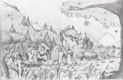 Size: 2000x1308 | Tagged: safe, artist:nedemai, applejack, rarity, butterfly, earth pony, pony, unicorn, g4, atg 2024, duo, duo female, female, floppy ears, grayscale, gritted teeth, horn, lake, looking up, mare, monochrome, mud, muddy hooves, nature, newbie artist training grounds, open mouth, open smile, pencil drawing, smiling, teeth, traditional art, tree, water