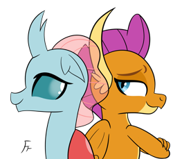 Size: 2415x2211 | Tagged: safe, artist:frownfactory, ocellus, smolder, changedling, changeling, dragon, dragoness, duo, duo female, female, simple background, transparent background