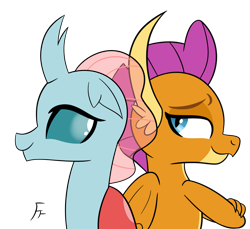 Size: 2415x2211 | Tagged: safe, artist:frownfactory, ocellus, smolder, changedling, changeling, dragon, g4, atg 2024, dragoness, duo, duo female, female, newbie artist training grounds, simple background, transparent background