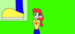 Size: 1157x529 | Tagged: safe, artist:devon13168, strawberry sunrise, human, g4, 1000 hours in ms paint, clothes, green background, humanized, needs more saturation, shoes, simple background, solo, standing