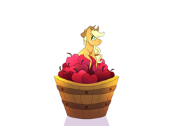 Size: 3500x2525 | Tagged: safe, artist:angstyram, applejack, earth pony, pony, g4, apple, bucket, female, food, high res, mare, simple background, solo, white background