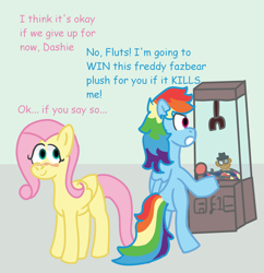 Size: 1450x1500 | Tagged: safe, artist:zoeyhorse, fluttershy, rainbow dash, pegasus, pony, g4, bipedal, blushing, crane game, crossover, dialogue, duo, duo female, female, five nights at freddy's, freddy fazbear, lesbian, mare, missing cutie mark, ship:flutterdash, shipping, smiling