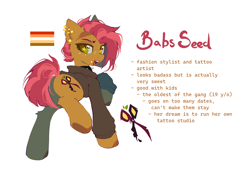 Size: 3258x2268 | Tagged: safe, artist:mirtash, part of a set, babs seed, earth pony, pony, g4, alternate cutie mark, alternate design, big eyes, black hoodie, brown coat, brown hooves, brown pupils, butch, butch lesbian, butch lesbian pride flag, cheek fluff, clothes, collar, colored, colored hooves, colored pupils, colored underhoof, ear fluff, ear piercing, earring, eyebrow slit, eyebrows, female, freckles, gauges, green eyes, high res, hoodie, hooves, industrial piercing, jewelry, leg fluff, lidded eyes, lip piercing, looking away, looking back, mare, narrowed eyes, older, older babs seed, open mouth, open smile, orange text, piercing, pride, pride flag, raised hoof, raised leg, rear view, red mane, red tail, red text, redesign, shiny eyes, short mane, short tail, simple background, smiling, snake bites, solo, spiked collar, standing, starry eyes, tail, teeth, text, thick eyelashes, time skip, tongue out, two toned mane, two toned tail, underhoof, white background, wingding eyes