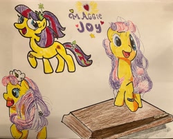 Size: 3647x2948 | Tagged: safe, anonymous artist, earth pony, g4, bandaid, blue eyes, collage, crayon drawing, cute, cutie mark, doll, female, filly, flower, flower in hair, foal, font, heart, irl, jewelry, maggie joy, marker drawing, memorial, memory, multicolored hair, multicolored mane, name, not an oc, pen drawing, pencil drawing, photo, ponytail, rest in peace, simple background, smiling, sparkly mane, standing, tiara, toy, traditional art