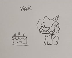 Size: 2224x1778 | Tagged: safe, artist:comicmaker, oc, oc only, oc:comic maker, pony, g5, birthday, birthday cake, cake, candle, clothes, female, food, g5 oc, grayscale, hat, mare, monochrome, party hat, scarf, sketch, smiling, solo, tail, yippie