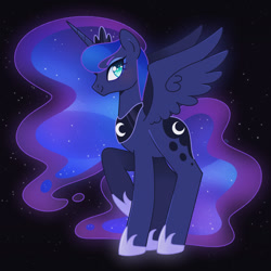 Size: 1750x1750 | Tagged: safe, artist:vivian reed, princess luna, alicorn, pony, g4, black background, female, mare, simple background, smiling, solo, spread wings, wings