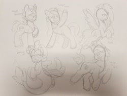 Size: 2048x1536 | Tagged: safe, artist:comicmaker, argyle starshine, destiny (g5), flare (g5), sunny starscout's mother, tracy tailspin, earth pony, pony, seapony (g4), g5, clothes, female, flying, glasses, grayscale, grin, hoof heart, looking up, male, mare, monochrome, raised hoof, scarf, smiling, spread wings, stallion, sticker design, tail, traditional art, underhoof, unshorn fetlocks, upside-down hoof heart, wings, wip