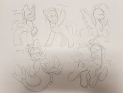 Size: 2048x1536 | Tagged: safe, artist:comicmaker, argyle starshine, destiny (g5), flare (g5), sunny starscout's mother, tracy tailspin, earth pony, pony, seapony (g4), g5, clothes, dorsal fin, female, fin, fin ears, fin wings, fins, fish tail, flowing mane, flowing tail, flying, glasses, grayscale, grin, hoof heart, looking up, male, mare, monochrome, raised hoof, scarf, smiling, spread wings, stallion, sticker design, tail, traditional art, underhoof, unshorn fetlocks, upside-down hoof heart, wings, wip