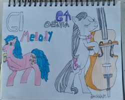 Size: 3252x2604 | Tagged: safe, artist:blackblade360, melody, octavia melody, earth pony, pony, g1, g4, bipedal, blue mane, blue tail, colored pencil drawing, duo, evolution, eyes closed, female, green eyes, irl, looking at you, mare, microphone, musical instrument, paper, photo, pink coat, pose, signature, tail, traditional art, two toned mane, two toned tail, violin, young mare