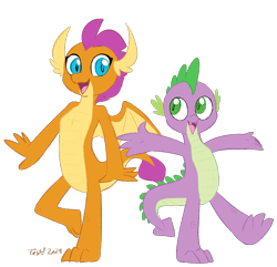 Size: 827x796 | Tagged: safe, artist:furseiseki, smolder, spike, dragon, digital art, dragon wings, duo, duo male and female, female, looking at each other, looking at someone, male, older, older spike, simple background, smiling, smiling at each other, teenage spike, teenaged dragon, teenager, transparent background, wings