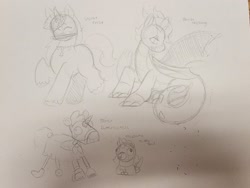 Size: 2048x1536 | Tagged: safe, artist:comicmaker, blaize skysong, madame taffytail, señor butterscotch, violet frost, auroricorn, dragon, pony, g5, claws, dragoness, female, flute, grayscale, horn, horns, jewelry, male, mare, monochrome, musical instrument, necklace, one wing out, playing instrument, raised hoof, raised leg, sticker design, tail, toy, traditional art, unshorn fetlocks, wings, wip