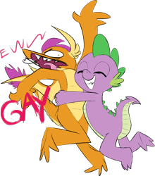 Size: 833x948 | Tagged: safe, artist:furseiseki, smolder, spike, dragon, digital art, dragon wings, duo, duo male and female, female, flailing, gay, gay in front of girls, hug, hugging a dragon, male, older, older spike, screaming, simple background, teenage spike, teenaged dragon, teenager, text, transparent background, wings