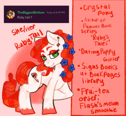Size: 1406x1289 | Tagged: safe, artist:kiwiscribbles, oc, oc only, oc:rubytail, crystal pony, pony, ear piercing, earring, handwriting, jewelry, piercing, solo, text