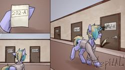Size: 4000x2250 | Tagged: safe, artist:vepital', oc, oc only, unicorn, comic, hallway, horn, solo
