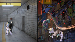 Size: 4000x2250 | Tagged: safe, artist:vepital', oc, oc only, human, pony, unicorn, clothes, door, high res, horn, james p. sullivan, levitation, lost, magic, monsters inc., split screen, telekinesis, the exit 8, two sides, unicorn oc