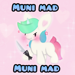 Size: 1096x1096 | Tagged: safe, artist:sodapop sprays, oc, oc only, oc:municorn, pony, unicorn, angry, caption, cross-popping veins, emanata, horn, knife, meme, multicolored hair, simple background, solo, text, threatening