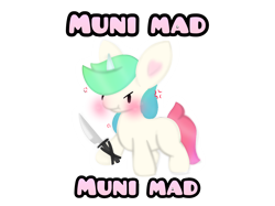 Size: 1528x1145 | Tagged: safe, artist:sodapop sprays, oc, oc only, oc:municorn, pony, unicorn, angry, caption, cross-popping veins, emanata, horn, knife, meme, multicolored hair, simple background, solo, text, threatening, transparent background